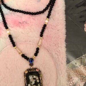 Vintage Gold Geometric Floral Pendant - Black Beaded Chain Statement Necklace